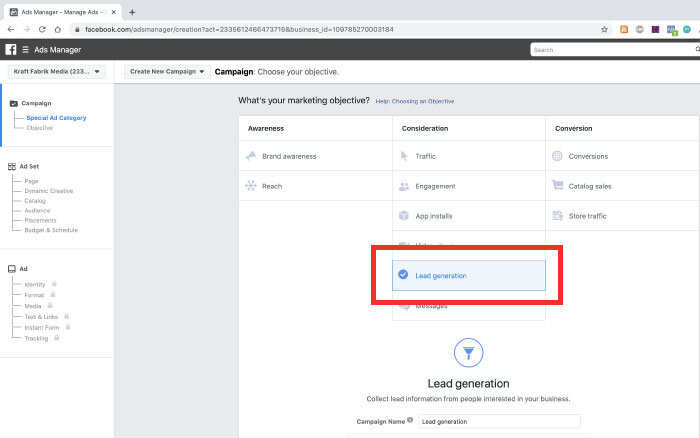 Facebook Lead-Ads - Kampagnen Ziel auswählen